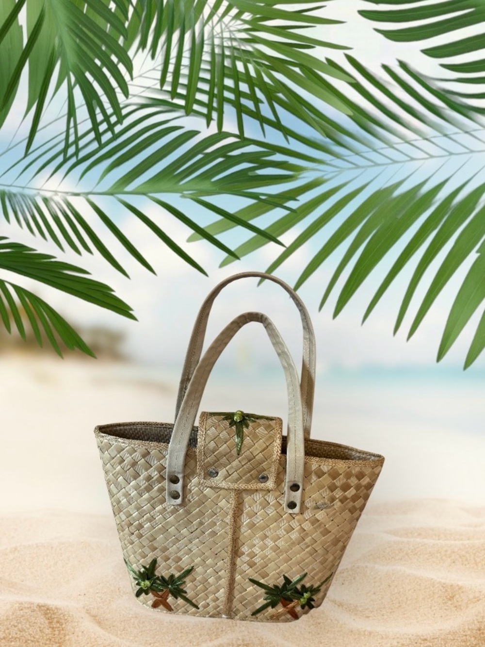 Summer is Here!! Hawaii Woven Palm Accent Beige Tote Bag. - Picture 2 of 8